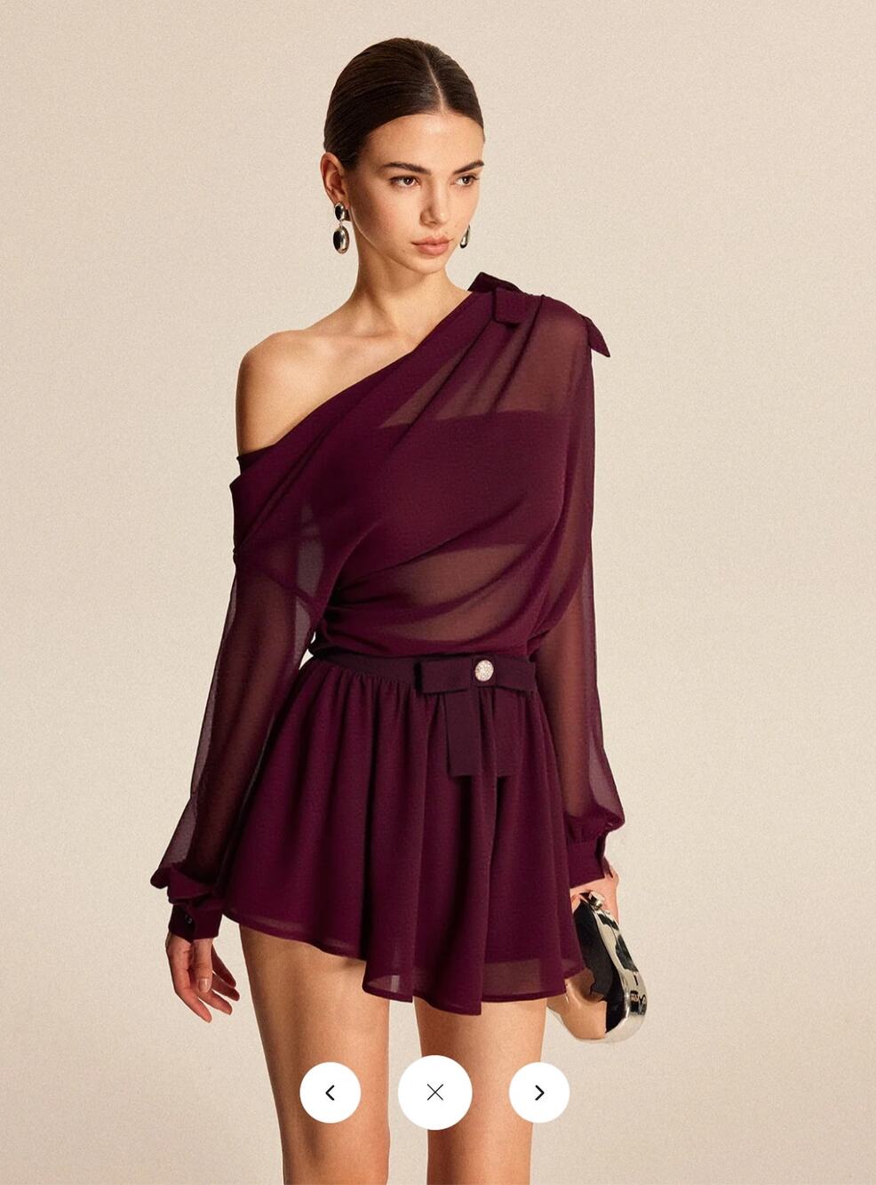 NWT Commense Semi-Sheer Chiffon One-Shoulder Bow Detail Skirt Set Sz M